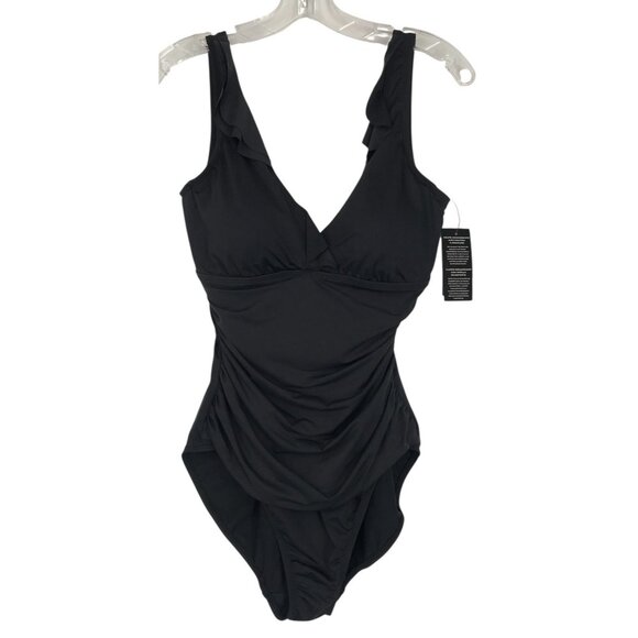 Lauren Ralph Lauren Swimsuit Womens Size 12 Black One Piece V Neck Slimming - Picture 1 of 12